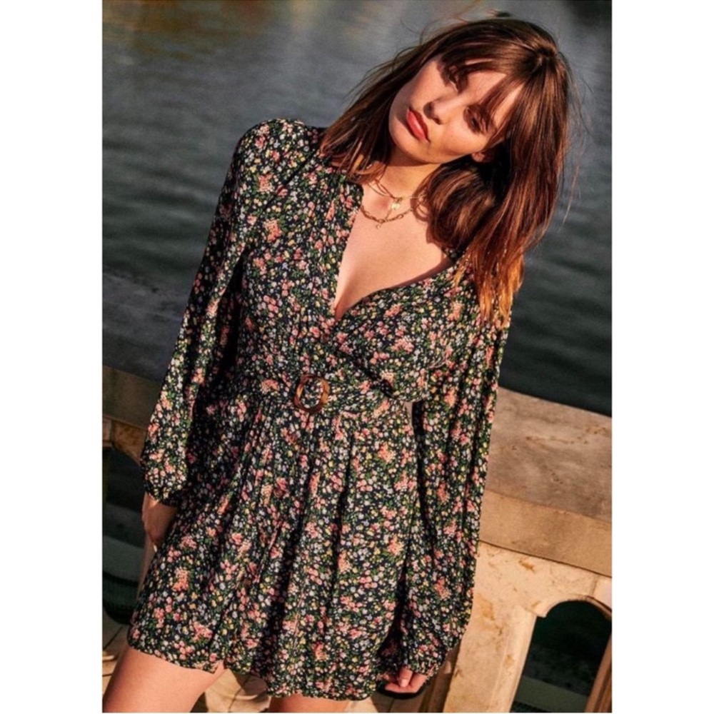 Sezane Dark Green Floral Mini Dress with Pink Flowers